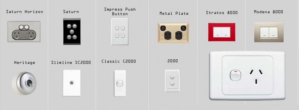 A range of modern power by Clipsal. Johns Elec will supply any of these powerpoints or power switches